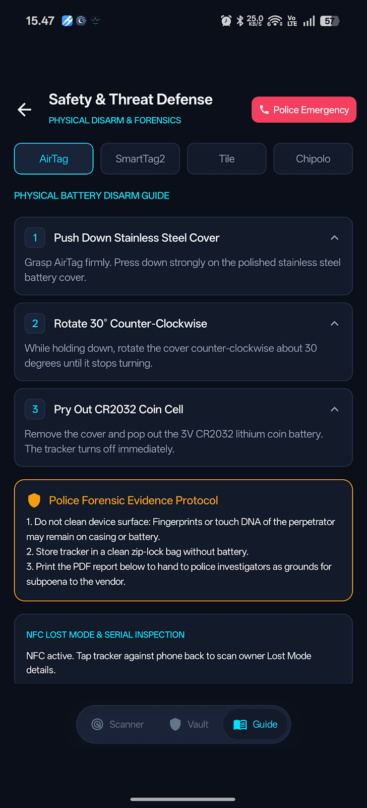 Tag Seeker Safety and Threat Defense Disarm Guide Screen