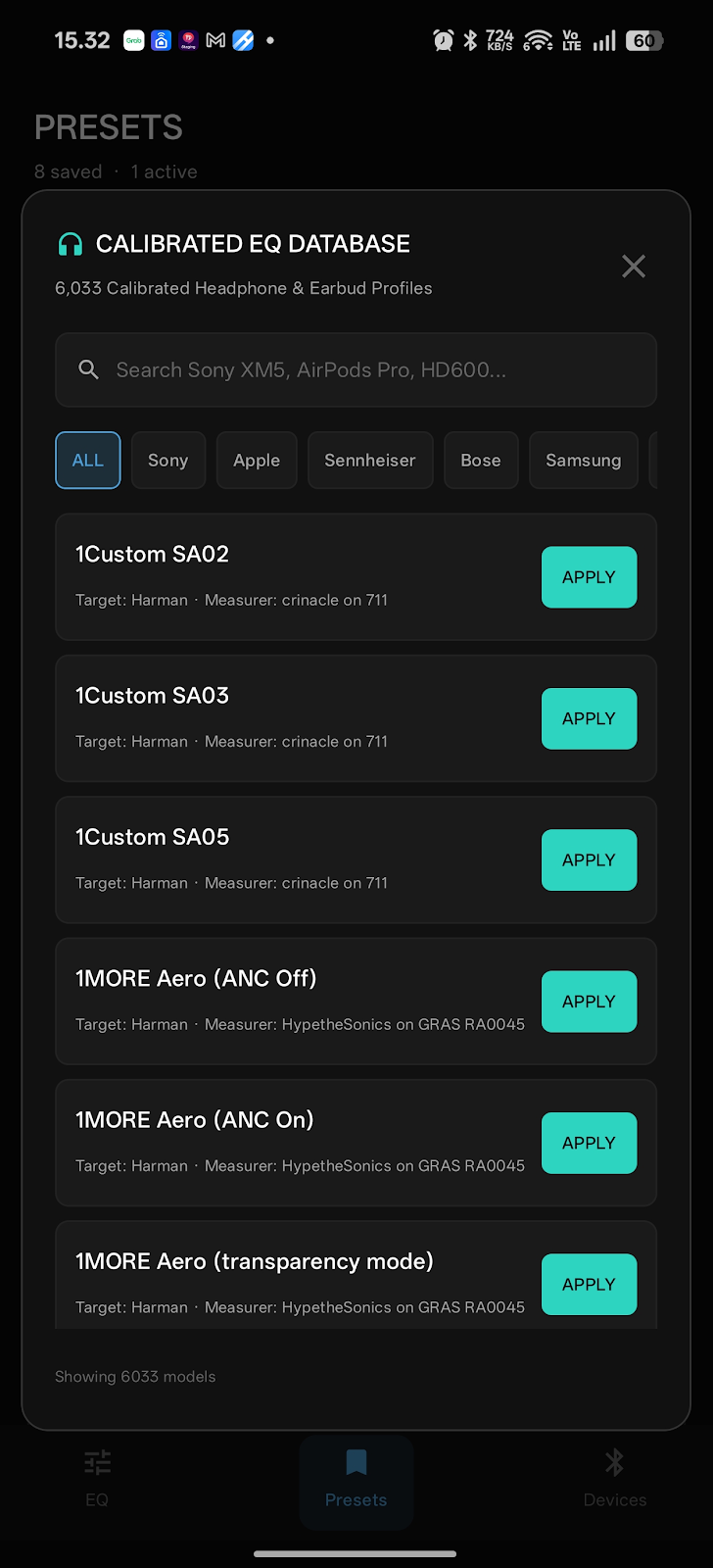 Calibrated EQ Database Modal with Headphone Models