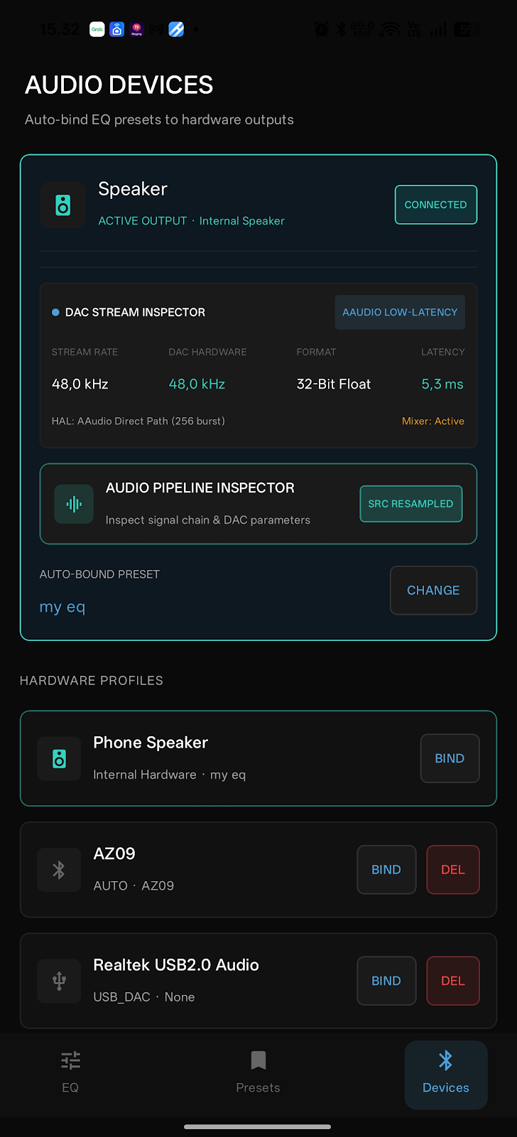 Tonemorph Audio Devices and DAC Stream Inspector Interface
